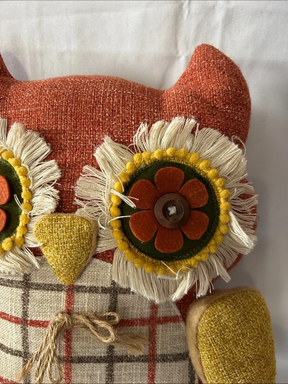 VTG Inspired Owl Stuffed Flower Button Eyes Orange Gold Boho Granny Core 14”